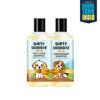Nootie Dirty Doggie Combo: Conditioning Shampoo + Tick & Flea Shampoo (300 ml Buy1Get1 FREE) | Neem, Vitamin E & Coat Repair