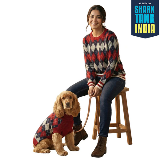 Nootie Matching Sweater for Dogs & Pet Parents | Red Check Winter Knitwear | Half Sleeve for Dogs & Full Sleeve for Humans