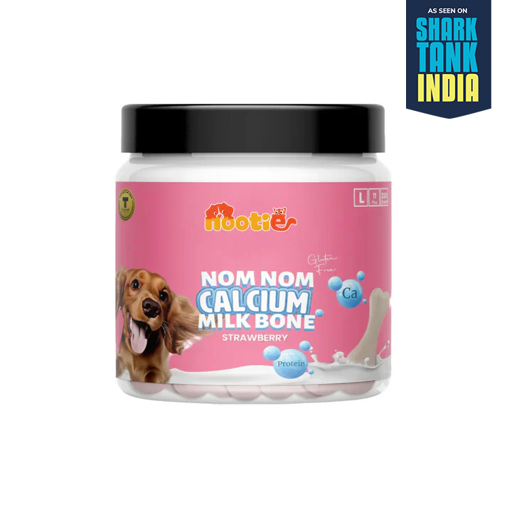 Nootie Nom Nom Calcium Milk Bone – Strawberry Flavour (220g) | Calcium-Rich, Fiber & Collagen Treat for Strong Bones & Teeth