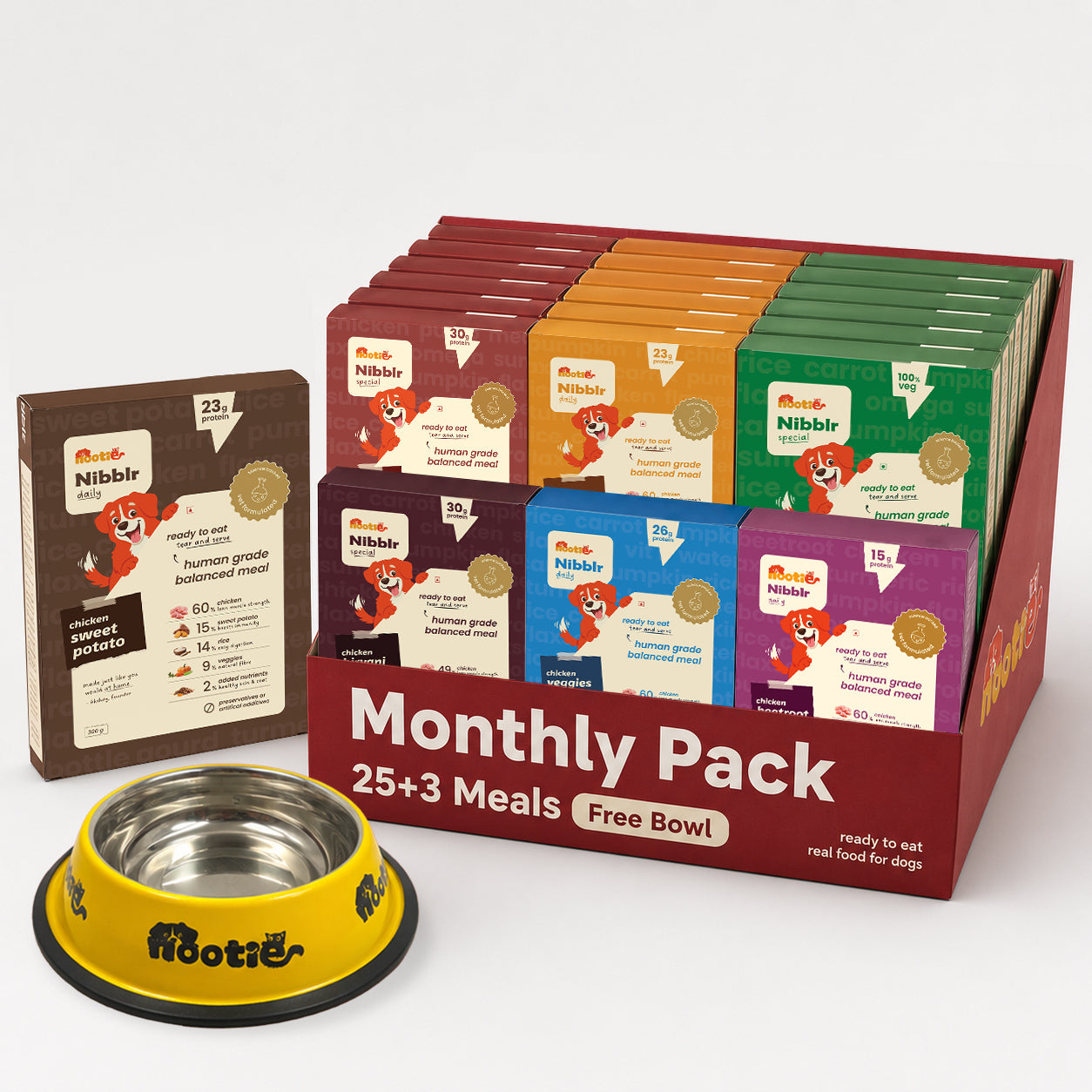 Monthly Pack - Nibblr Daily Power Feast for Dogs (25 x 300g) Free Yellow Bowl + 3 Extra Packs