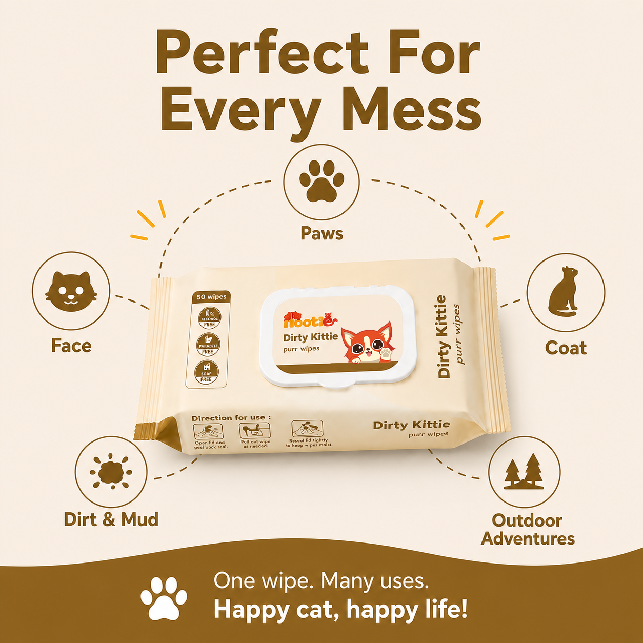 Nootie Dirty Kittie Purr Wipes (50 Wipes) | Alcohol-Free Cat Grooming & Deodorizing Wipes with Aloe & Neem