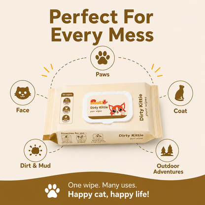 Nootie Dirty Kittie Purr Wipes (50 Wipes) | Alcohol-Free Cat Grooming & Deodorizing Wipes with Aloe & Neem