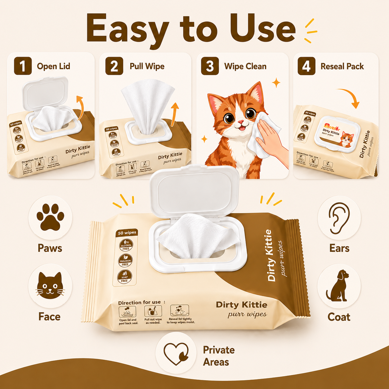 Nootie Dirty Kittie Purr Wipes (50 Wipes) | Alcohol-Free Cat Grooming & Deodorizing Wipes with Aloe & Neem