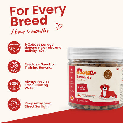 Nootie Rewards Woof Training Treats for Dogs – Carrot & Goat Milk, Gluten-Free, High Nutrition Dog Training Treats (220g)