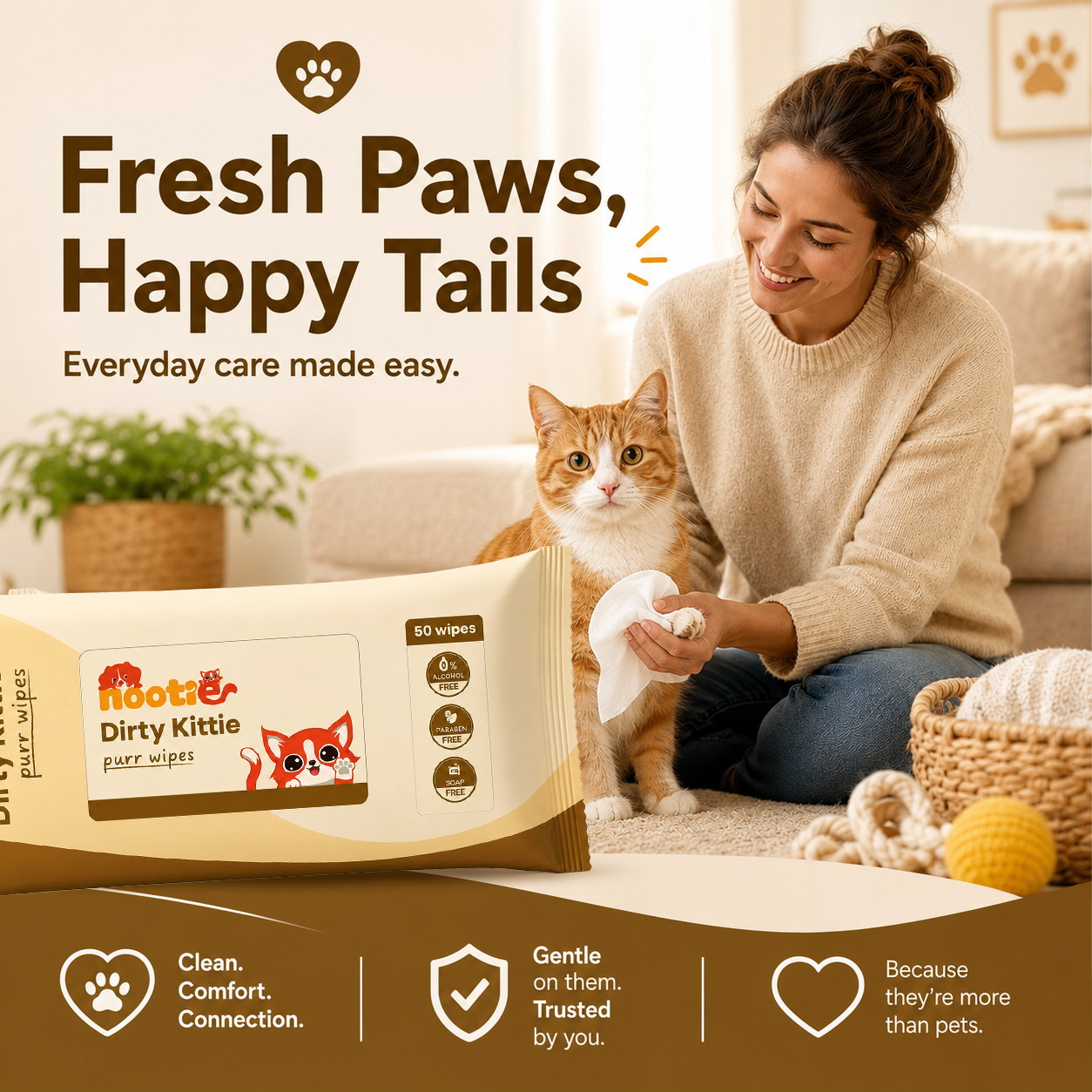 Nootie Dirty Kittie Purr Wipes (50 Wipes) | Alcohol-Free Cat Grooming & Deodorizing Wipes with Aloe & Neem
