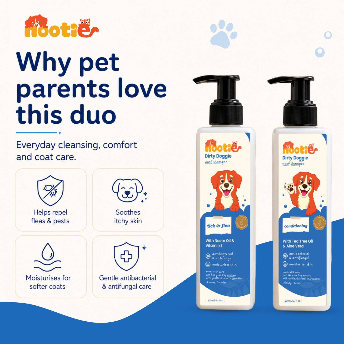 Nootie Dirty Doggie Combo: Conditioning Shampoo + Tick & Flea Shampoo (200 ml Buy1Get1 FREE) | Neem, Vitamin E & Coat Repair