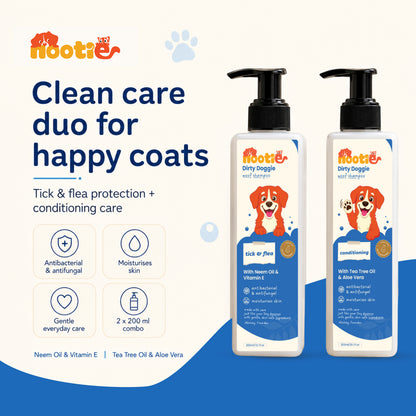 Nootie Dirty Doggie Combo: Conditioning Shampoo + Tick & Flea Shampoo (200 ml Buy1Get1 FREE) | Neem, Vitamin E & Coat Repair