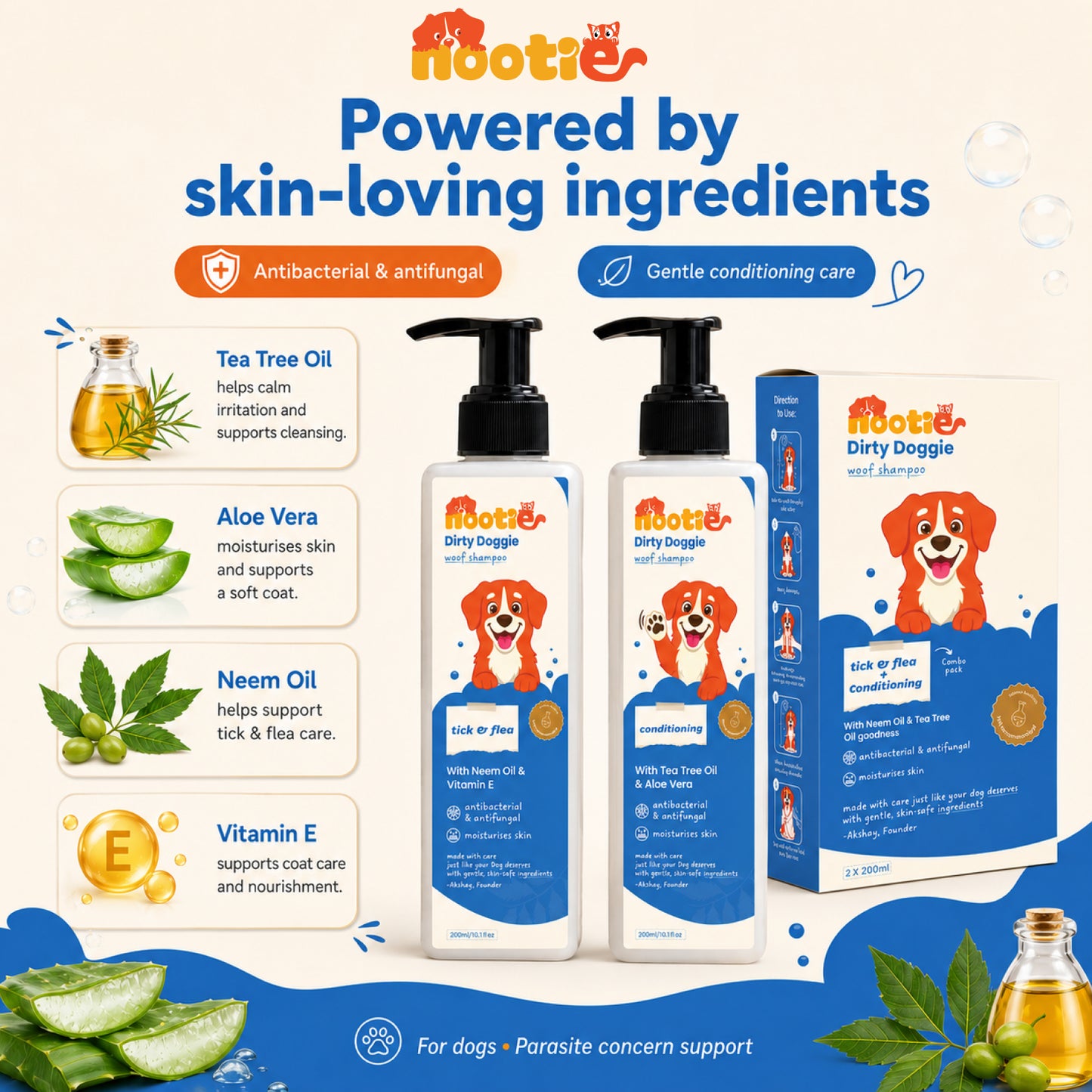 Nootie Dirty Doggie Combo: Conditioning Shampoo + Tick & Flea Shampoo (200 ml Buy1Get1 FREE) | Neem, Vitamin E & Coat Repair