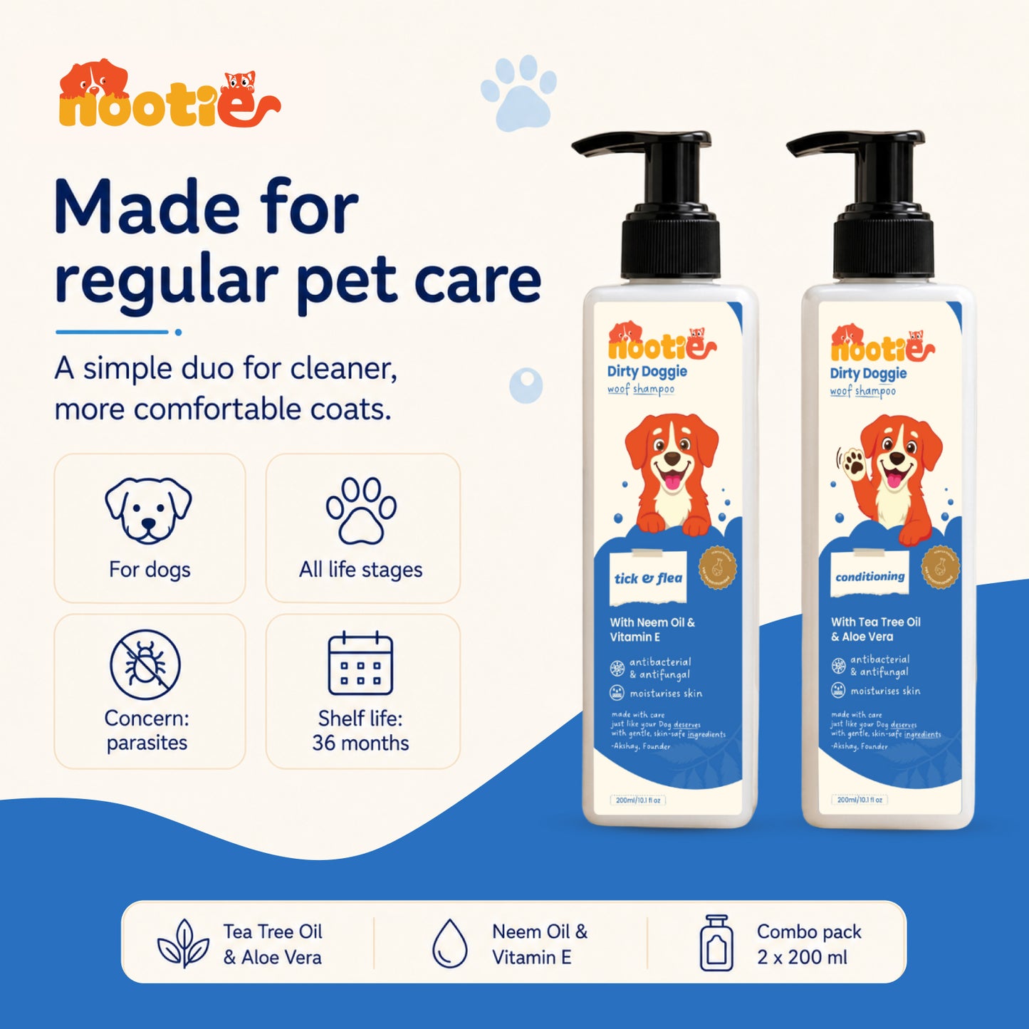Nootie Dirty Doggie Combo: Conditioning Shampoo + Tick & Flea Shampoo (200 ml Buy1Get1 FREE) | Neem, Vitamin E & Coat Repair