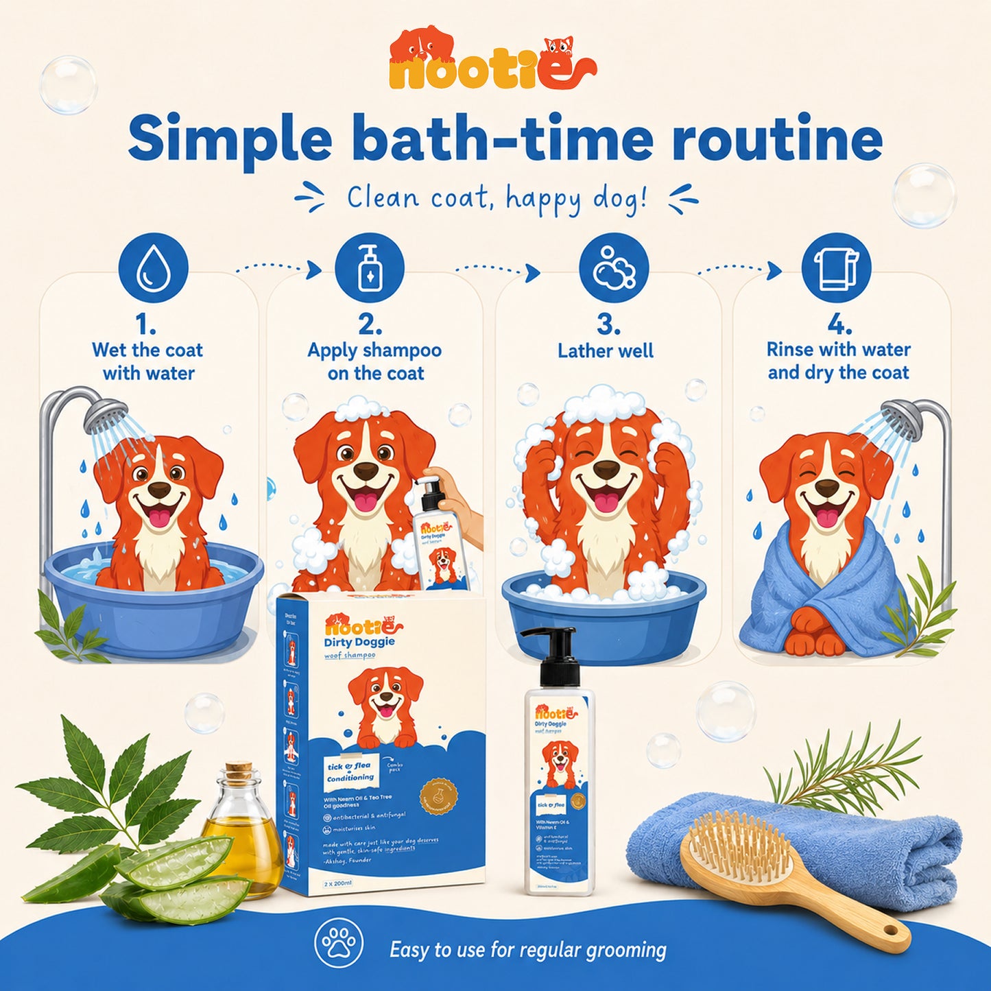 Nootie Dirty Doggie Combo: Conditioning Shampoo + Tick & Flea Shampoo (200 ml Buy1Get1 FREE) | Neem, Vitamin E & Coat Repair