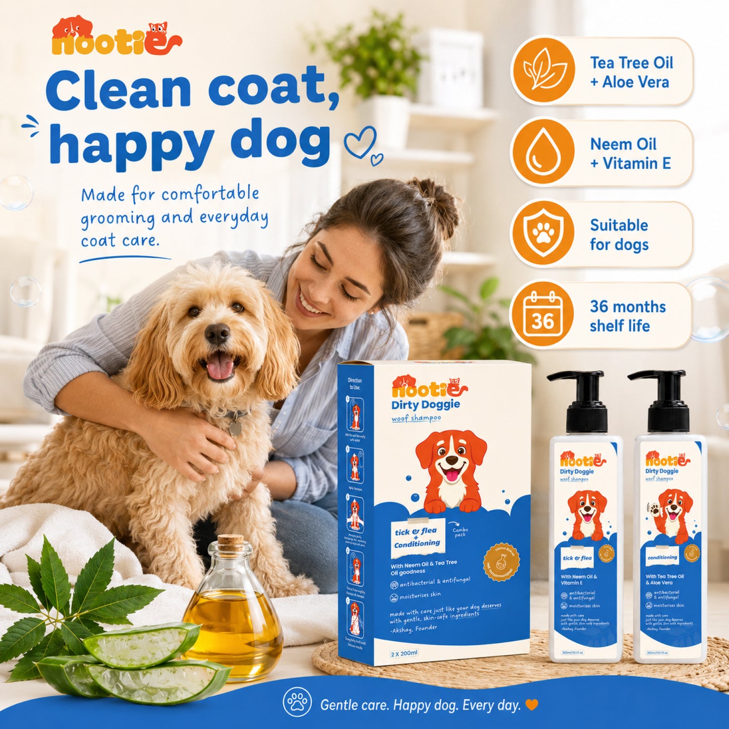 Nootie Dirty Doggie Combo: Conditioning Shampoo + Tick & Flea Shampoo (200 ml Buy1Get1 FREE) | Neem, Vitamin E & Coat Repair