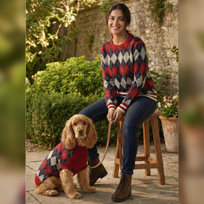 Nootie Matching Sweater for Dogs & Pet Parents | Red Check Winter Knitwear | Half Sleeve for Dogs & Full Sleeve for Humans