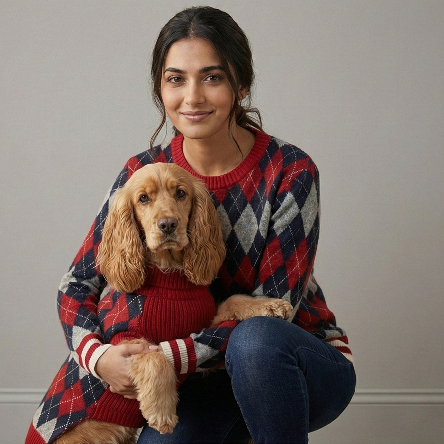 Nootie Matching Sweater for Dogs & Pet Parents | Red Check Winter Knitwear | Half Sleeve for Dogs & Full Sleeve for Humans