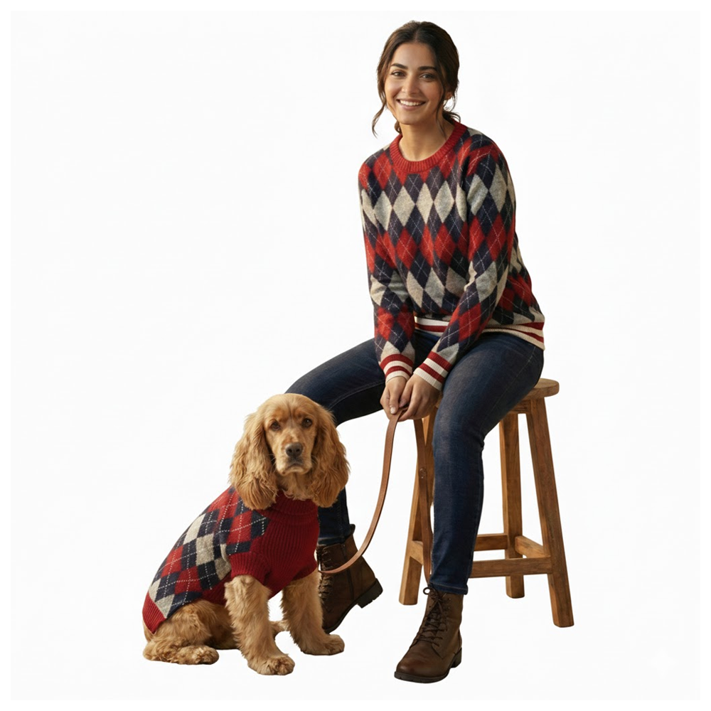 Nootie Matching Sweater for Dogs & Pet Parents | Red Check Winter Knitwear | Half Sleeve for Dogs & Full Sleeve for Humans