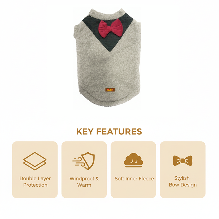 Nootie Dog Sweatshirt with Bow | Double-Layer Warm Soft Fleece Fur | Grey