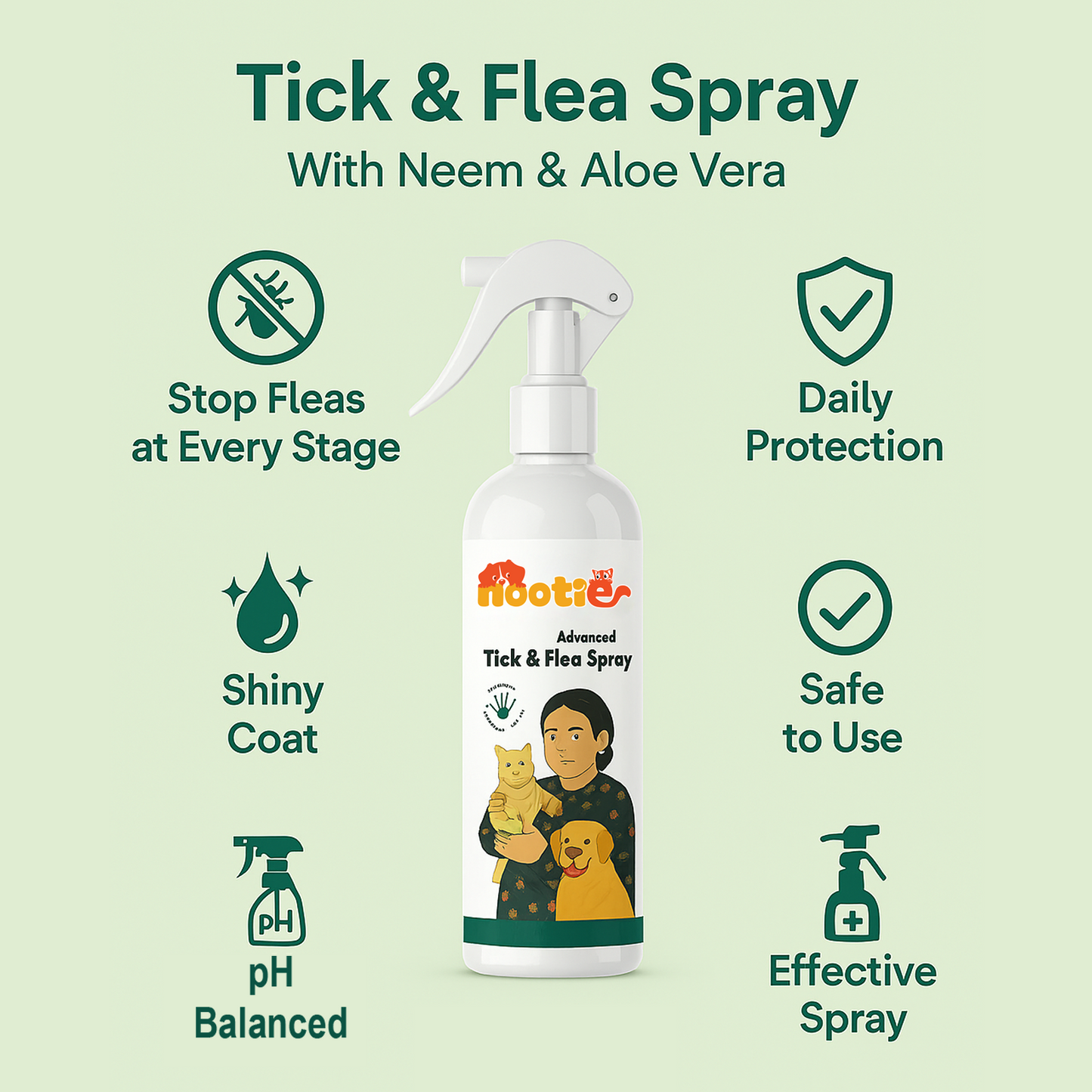 Nootie Tick & Flea Spray with Neem & Aloe Vera (250 ml) | Fast-Acting, Soothing, Daily Protection