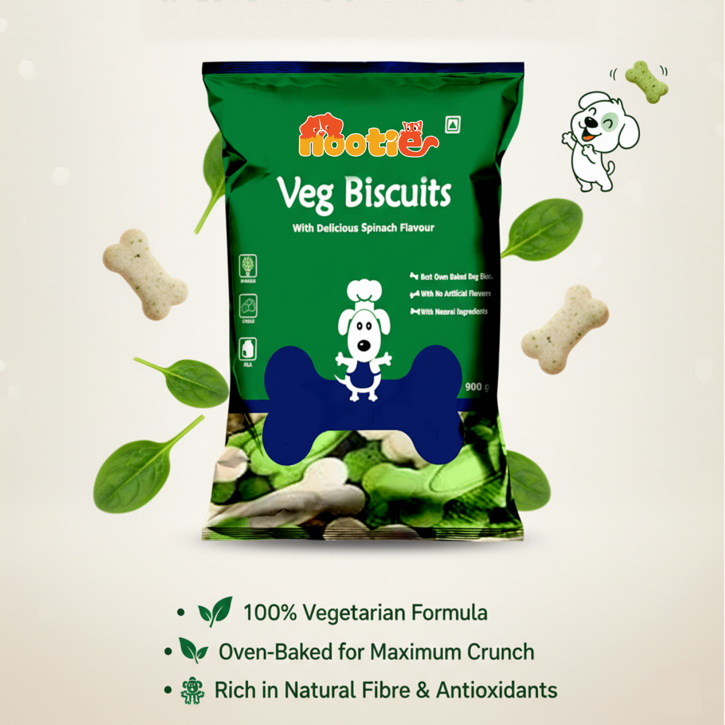 Nootie Veg Biscuits with Spinach Flavour for Adult Dogs (900g) | 100% Vegetarian, High-Fibre, Nutrient-Rich Treats