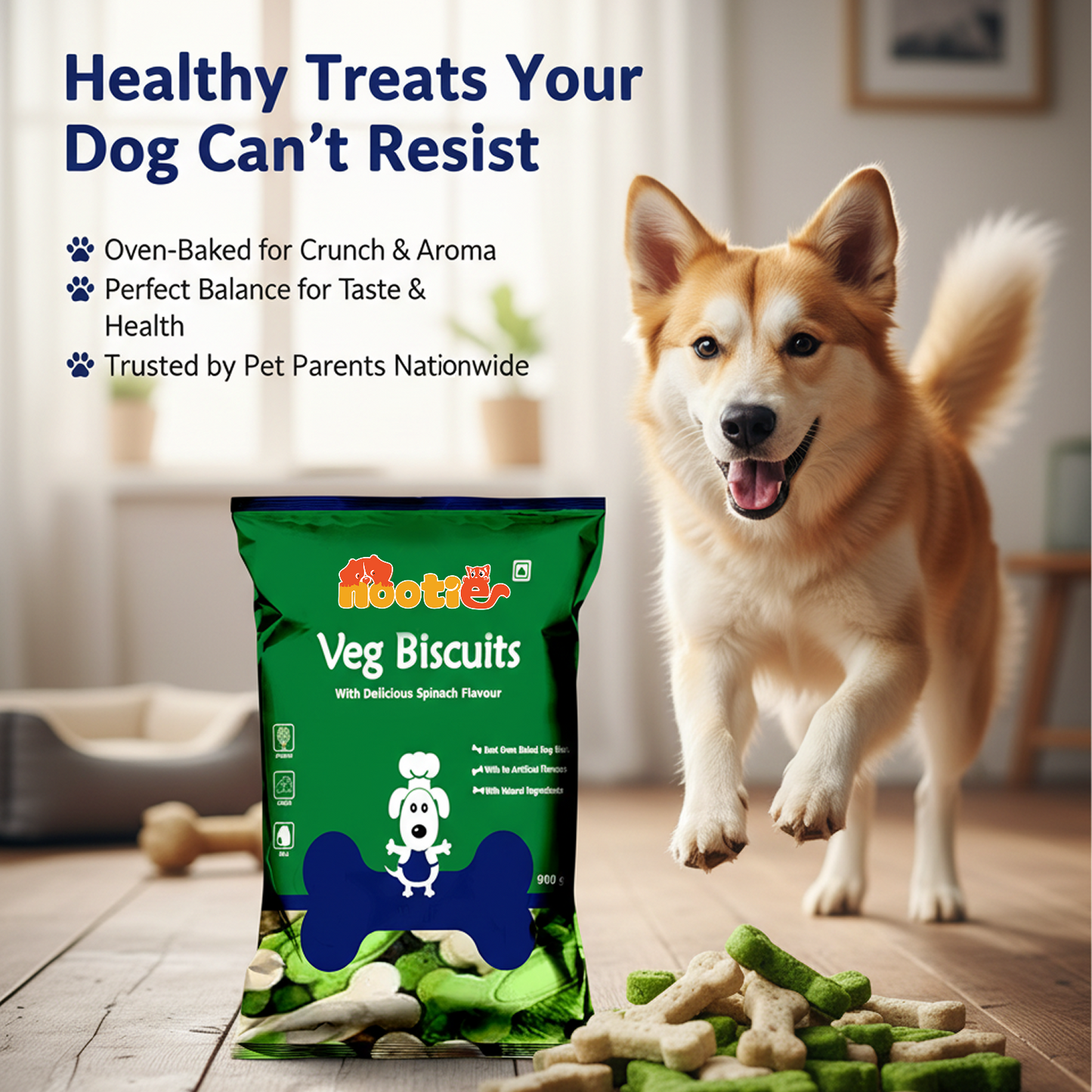 Nootie Veg Biscuits with Spinach Flavour for Adult Dogs (900g) | 100% Vegetarian, High-Fibre, Nutrient-Rich Treats