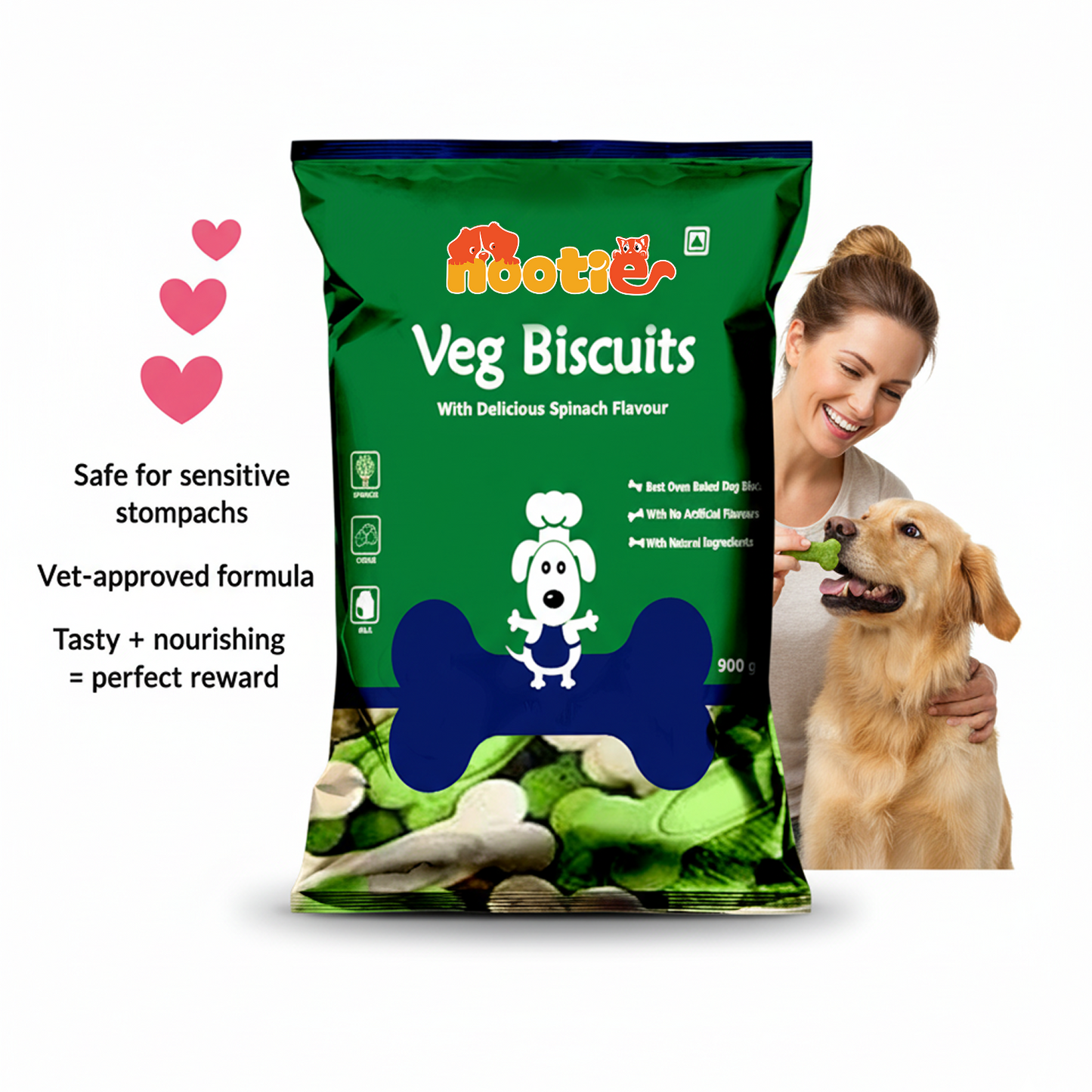 Nootie Veg Biscuits with Spinach Flavour for Adult Dogs (900g) | 100% Vegetarian, High-Fibre, Nutrient-Rich Treats