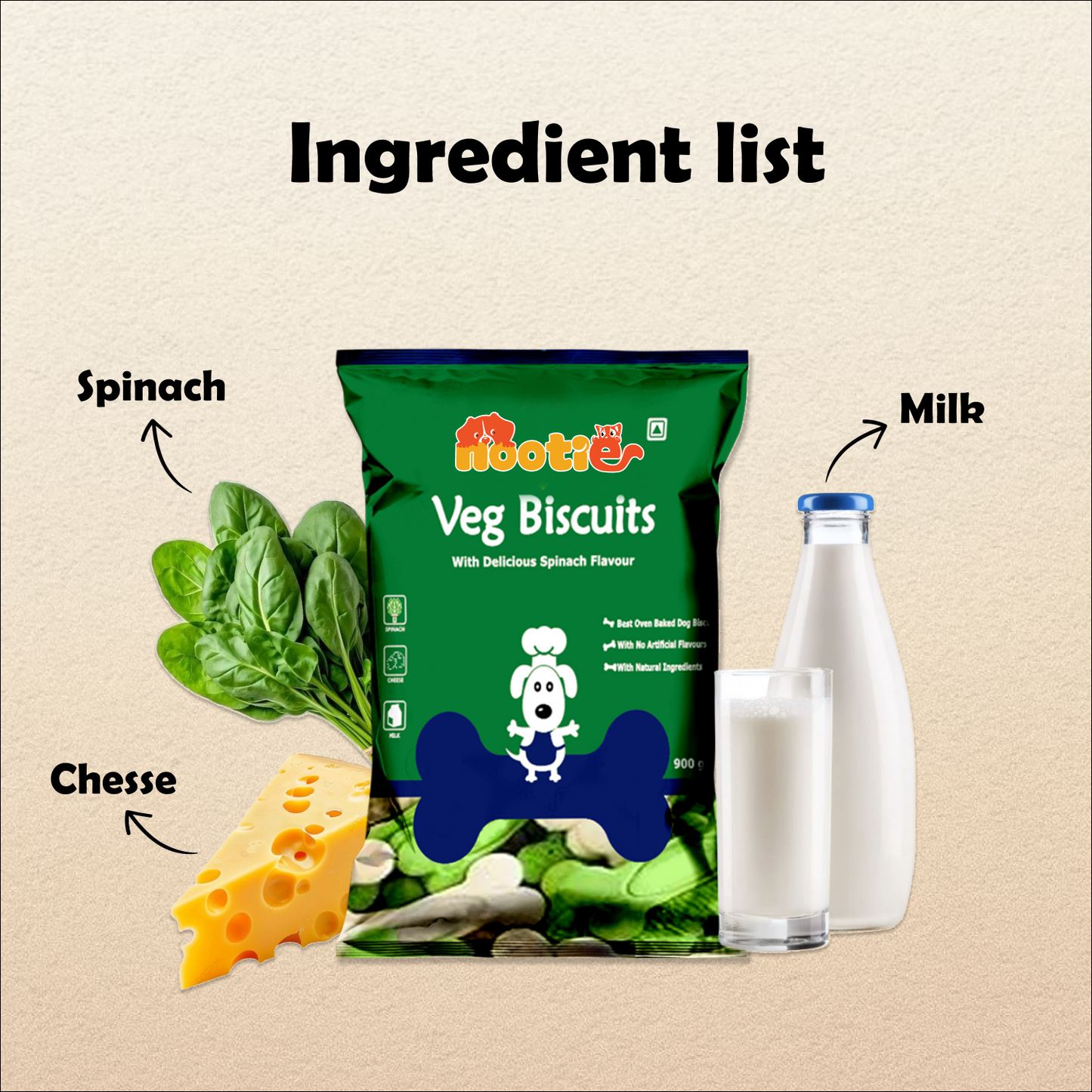 Nootie Veg Biscuits with Spinach Flavour for Adult Dogs (900g) | 100% Vegetarian, High-Fibre, Nutrient-Rich Treats