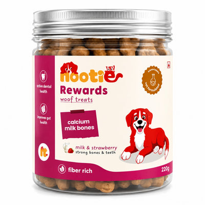 Nootie Rewards Calcium Milk Bones Dog Treats – Milk & Strawberry Flavour | Crunchy Training & Reward Biscuits | Fiber-Rich, Vet Formulated Dog Treats for Dental Health, Strong Bones & Healthy Digestion | 220g