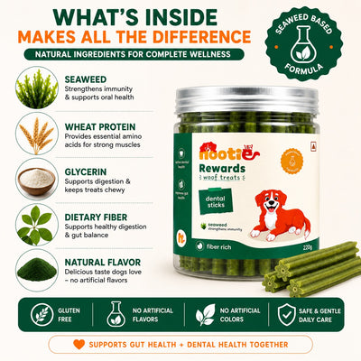 Nootie Rewards Dental Sticks for Dogs – Seaweed Flavour | Fiber-Rich Dental Chews | Supports Oral Health, Healthy Digestion & Immunity | Vet Formulated Dog Treats | 220g