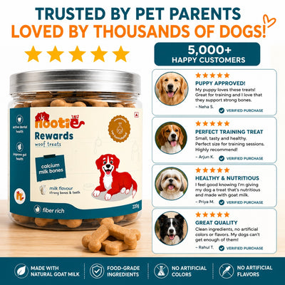 Nootie Rewards Woof Treats Calcium Milk Bones for Dogs | Milk Flavour Dog Biscuits | Calcium-Rich, Fiber-Rich Training & Reward Treats for Strong Bones, Healthy Teeth & Better Digestion (220g)