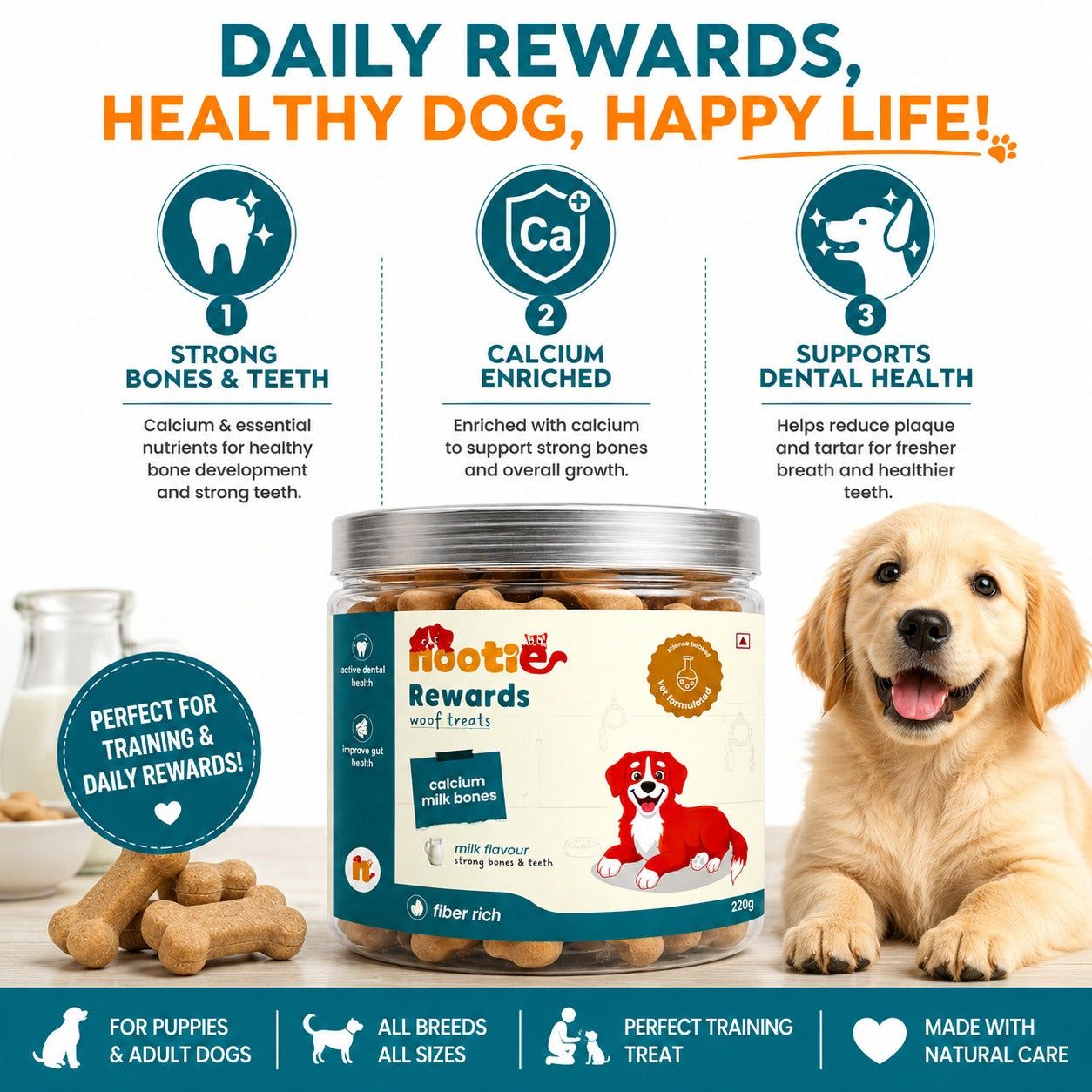 Nootie Rewards Woof Treats Calcium Milk Bones for Dogs | Milk Flavour Dog Biscuits | Calcium-Rich, Fiber-Rich Training & Reward Treats for Strong Bones, Healthy Teeth & Better Digestion (220g)