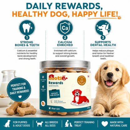 Nootie Rewards Woof Treats Calcium Milk Bones for Dogs | Milk Flavour Dog Biscuits | Calcium-Rich, Fiber-Rich Training & Reward Treats for Strong Bones, Healthy Teeth & Better Digestion (220g)