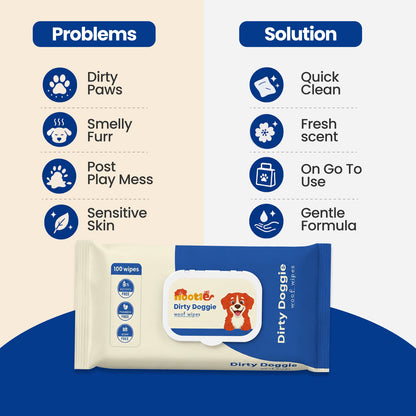 Dirty Doggie Woof Wet Wipes for Dogs at Rs. 149 (100 Wipes) | Alcohol-Free, Paraben-Free & Soap-Free Daily Cleaning Wipes - nootie.in