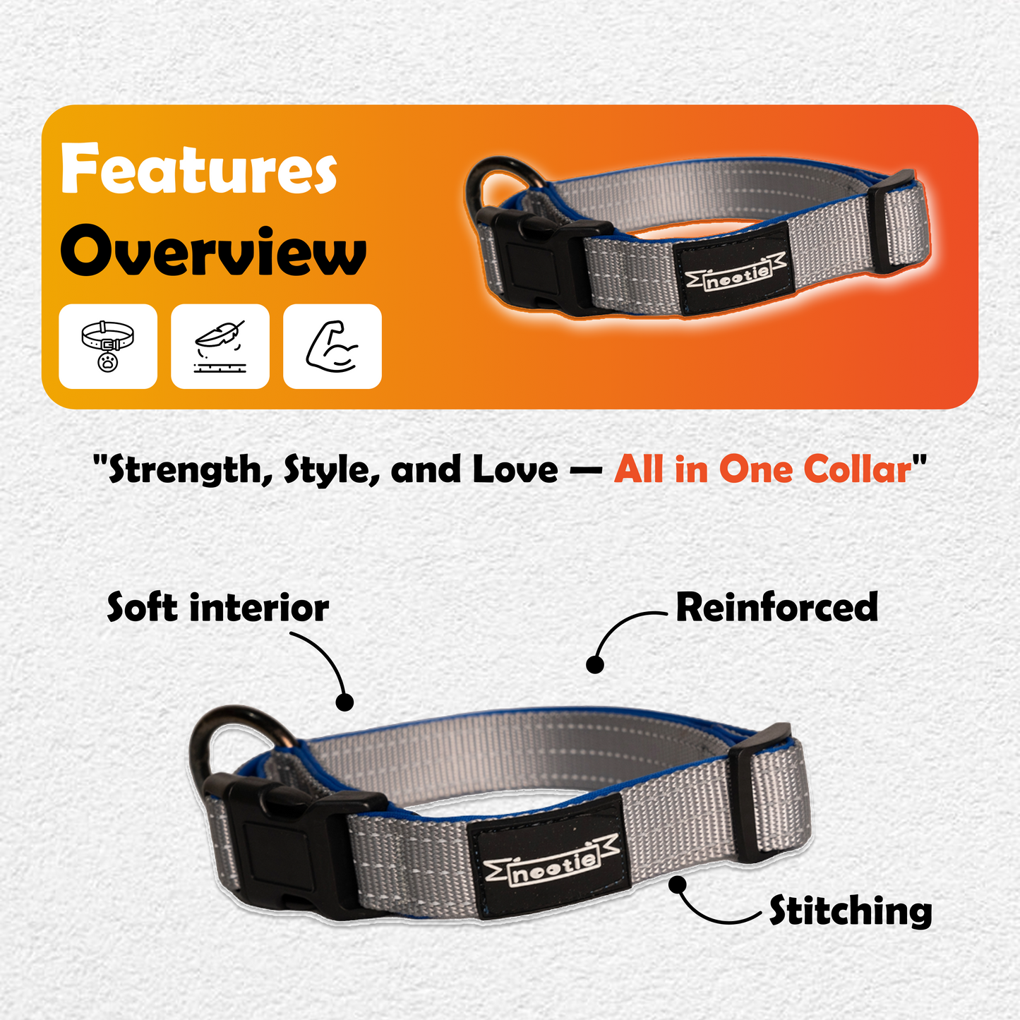 Nootie Plush Padded Collar – Grey with Blue Detailing | Adjustable, Durable & Comfortable for All Breeds (Copy)