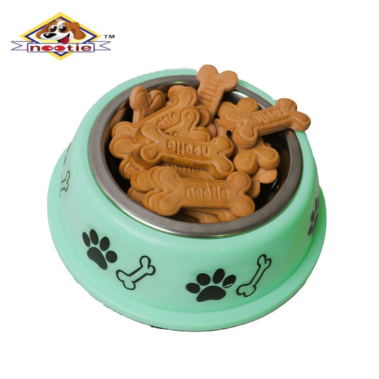 Nootie Paw & Bone Printed Pink Medium Size Steel Food Bowl for Dogs & Cats - Green Color