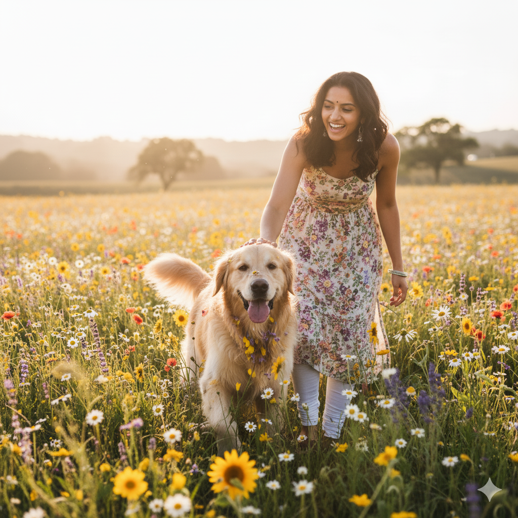 Happy dog with pet parent in flowers