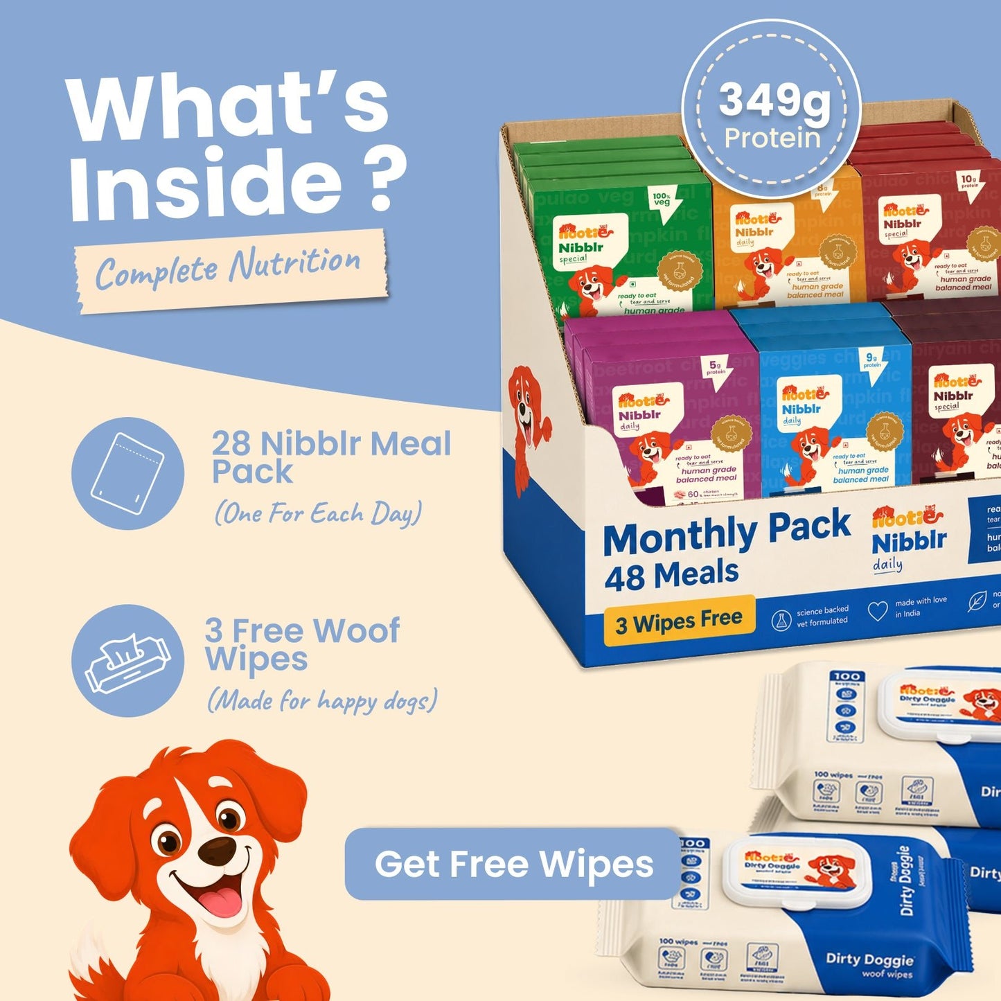 Monthly Pack - Nibblr Balance Bowl for Dogs (48 x 100gm) | Assorted Balance Bowl | 3 Packs of Wipes - nootie.in