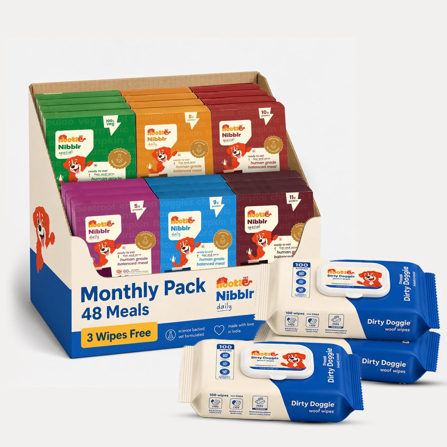 Monthly Pack - Nibblr Balance Bowl for Dogs (48 x 100gm) | Assorted Balance Bowl | 3 Packs of Wipes - nootie.in