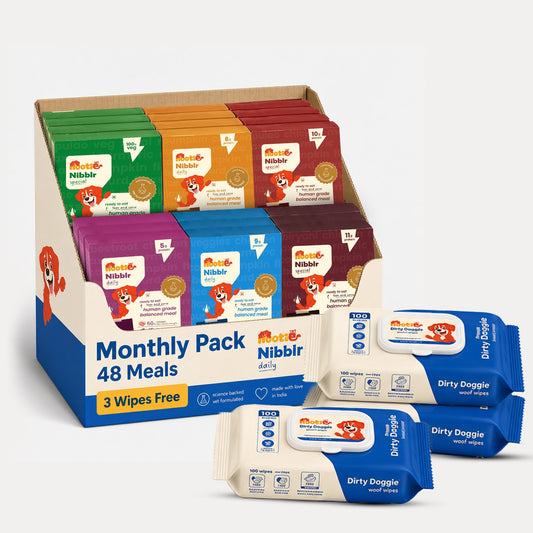 Monthly Pack - Nibblr Balance Bowl for Dogs (48 x 100gm) | Assorted Balance Bowl | 3 Packs of Wipes - nootie.in
