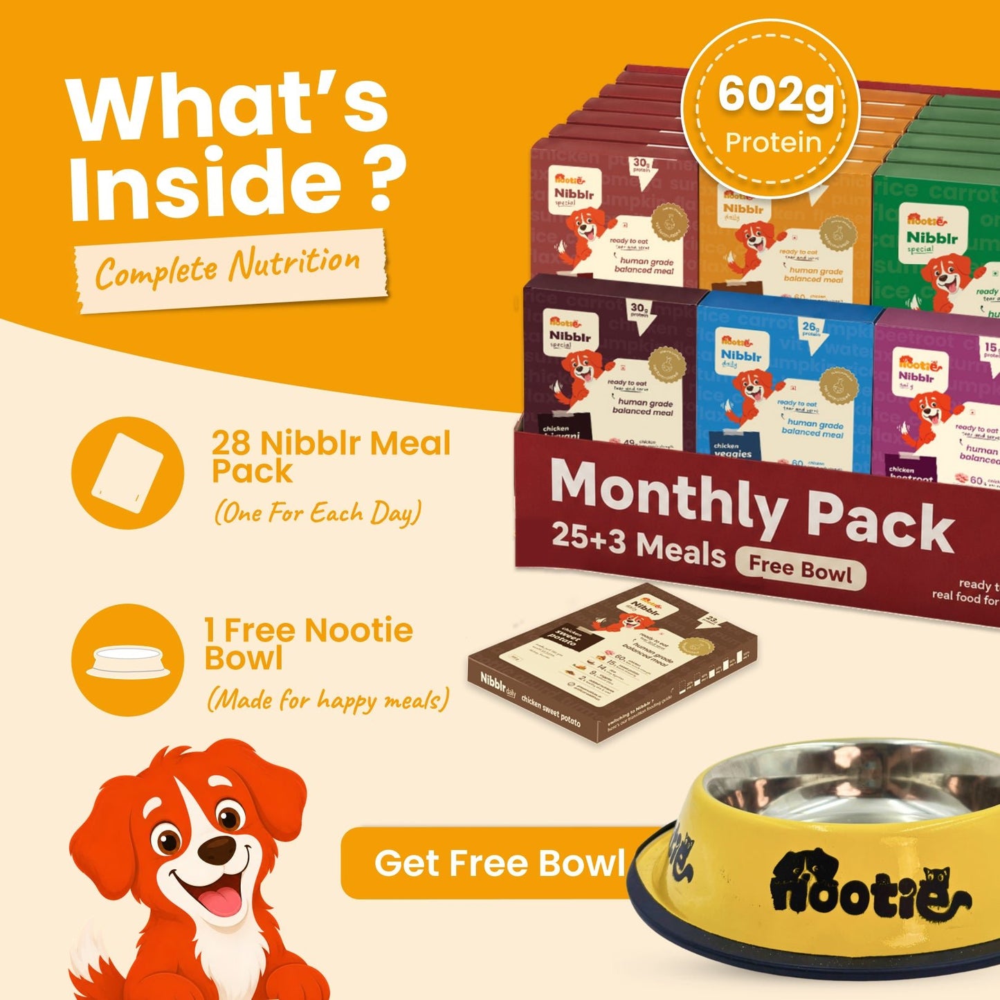Monthly Pack - Nibblr Daily Power Feast for Dogs (25 x 300g) Free Yellow Bowl + 3 Extra Packs - nootie.in
