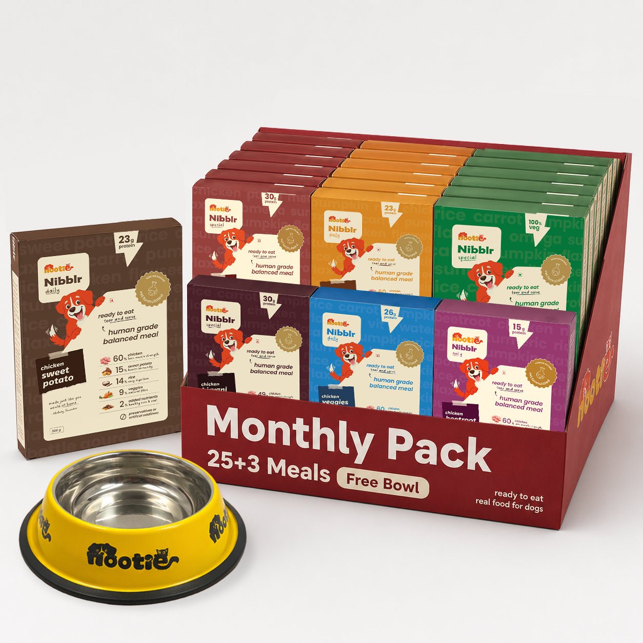 Monthly Pack - Nibblr Daily Power Feast for Dogs (25 x 300g) Free Yellow Bowl + 3 Extra Packs - nootie.in