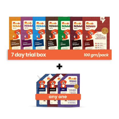 Nibblr 7 - Day Assorted Trial Meal Box (7 Meals 100gm packs + Free Broth) - nootie.in