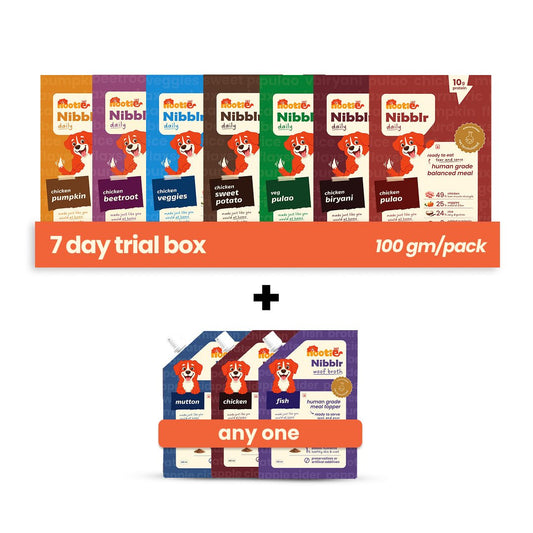 Nibblr 7 - Day Assorted Trial Meal Box (7 Meals 100gm packs + Free Broth) - nootie.in