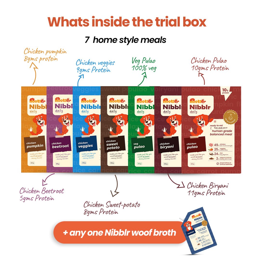 Nibblr 7 - Day Assorted Trial Meal Box (7 Meals 100gm packs + Free Broth) - nootie.in