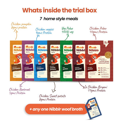 Nibblr 7 - Day Assorted Trial Meal Box (7 Meals 100gm packs + Free Broth) - nootie.in