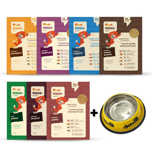 Nibblr 7 - Day Assorted Weekly Wholesome Meal Box (7 Meals 300gm packs + Free Yellow Bowl) - nootie.in