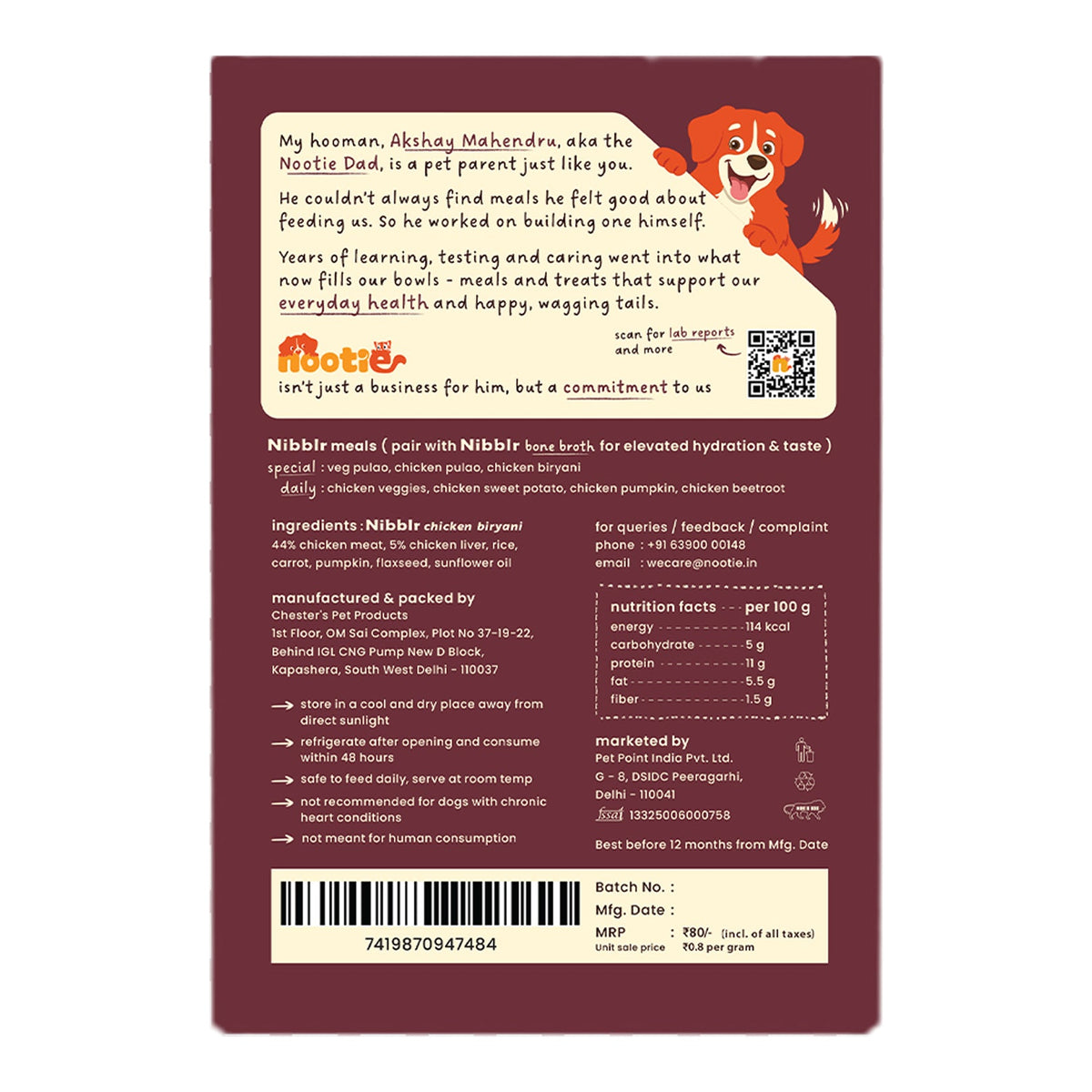Nibblr Chicken Biryani (100g) – Fresh Wholesome Dog Meal - nootie.in