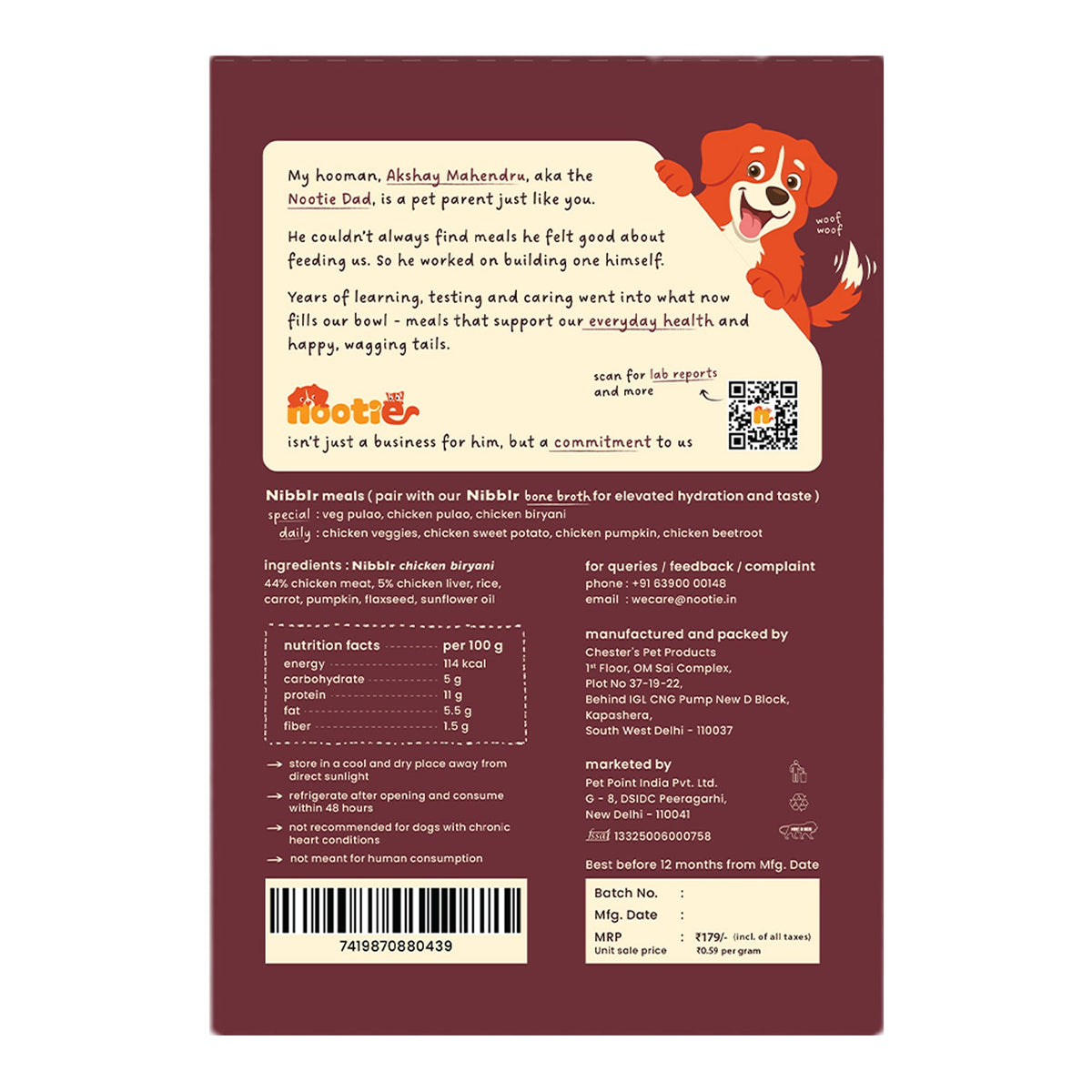 Nibblr Chicken Biryani (300g) - Fresh Wholesome Dog Meal - nootie.in