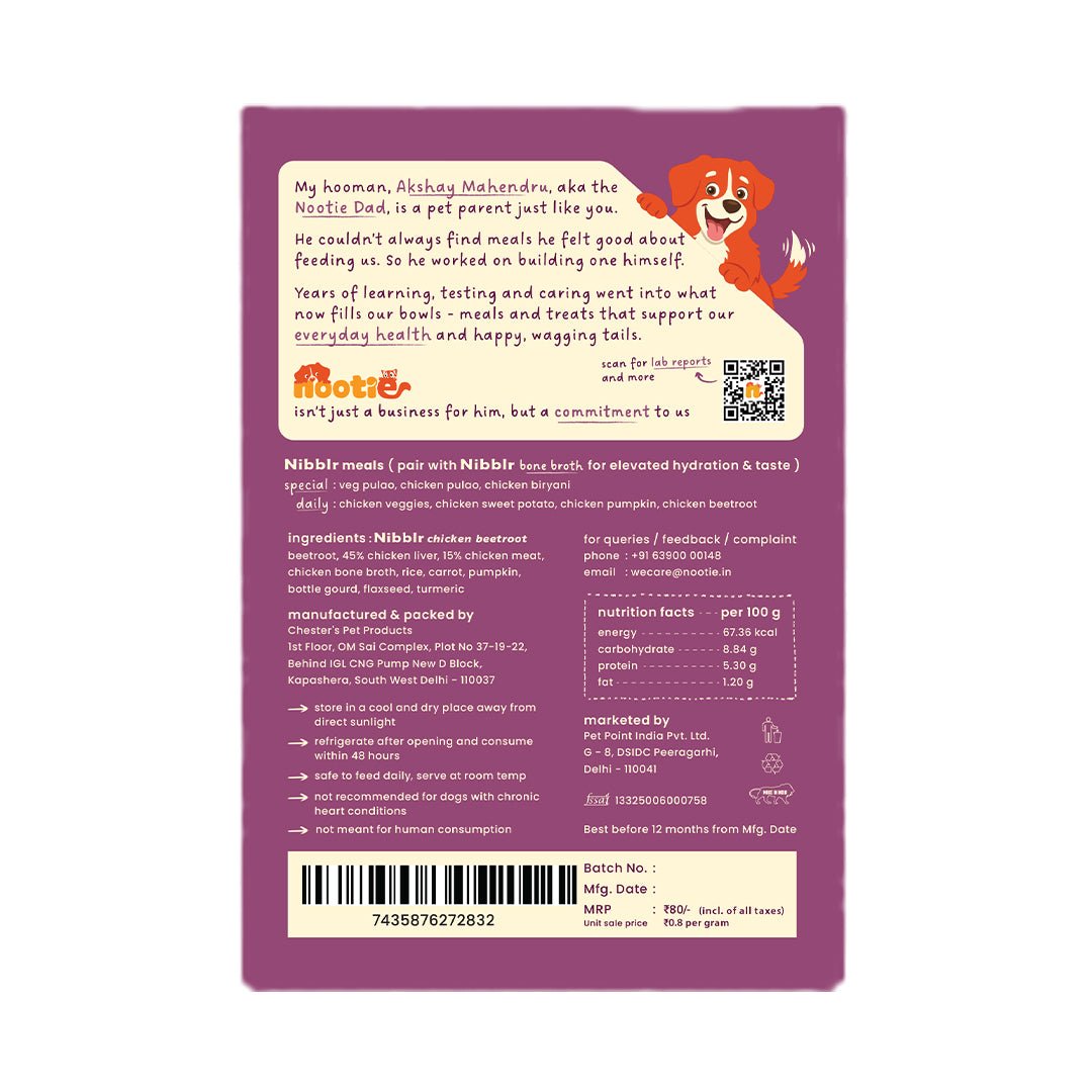 Nibblr Chicken Liver, Beetroot & Rice (100g) – Fresh Wholesome Dog Meal - nootie.in