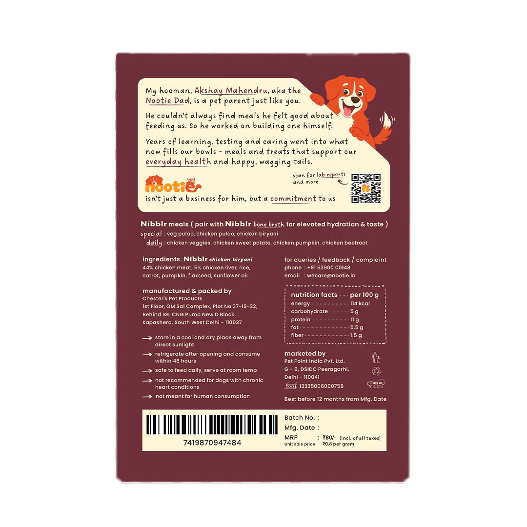 Nibblr Chicken Pulao (100 g) - Fresh Wholesome Dog Meal - nootie.in