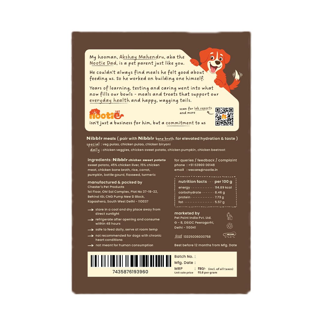 Nibblr Chicken, Sweet Potato & Rice (100g) – Fresh Wholesome Dog Meal - nootie.in