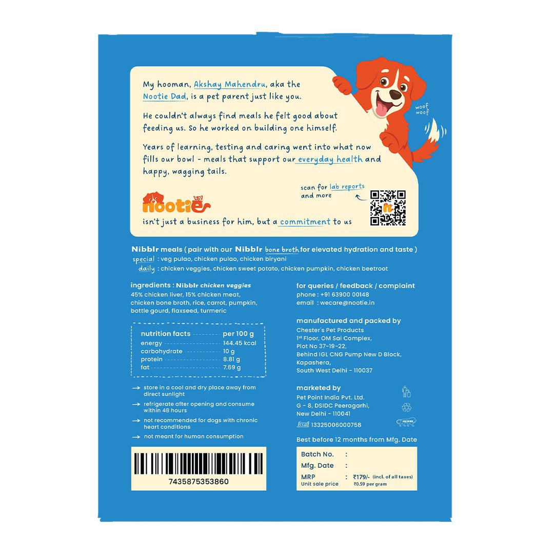 Nibblr Daily Chicken Veggie & Rice Dog Meal (300g) - Fresh Wholesome Dog Meal - nootie.in