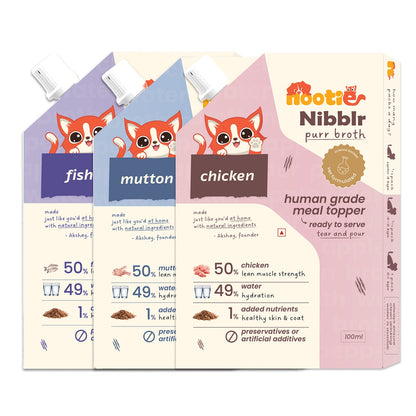 Nibblr Purr Broth - Hydrating Meal Topper for Cats (3 x 100 ml) | Assorted Broth Pack - nootie.in